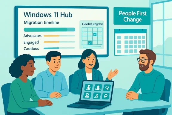 Diverse team discusses Windows 11 Hub migration timeline in a conference room.