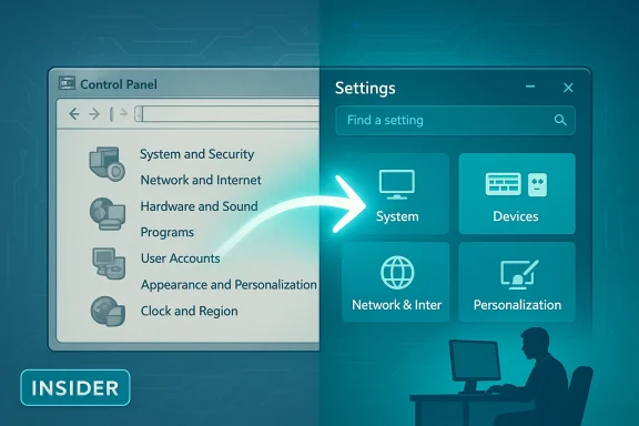Split-screen illustration showing Control Panel on the left and Settings on the right, connected by an arrow.