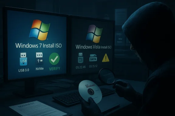 Hooded figure studies Windows install ISO screens on dual monitors, holding a Windows disc and a magnifying glass.