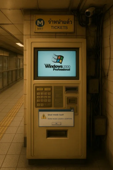 An old MRT ticket vending machine in a dim station, showing Windows 2000.