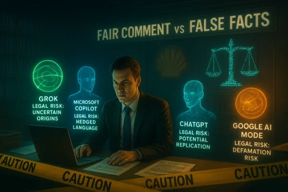 A man at a laptop sits among neon holograms outlining AI legal risks beneath a Fair Comment vs False Facts sign.