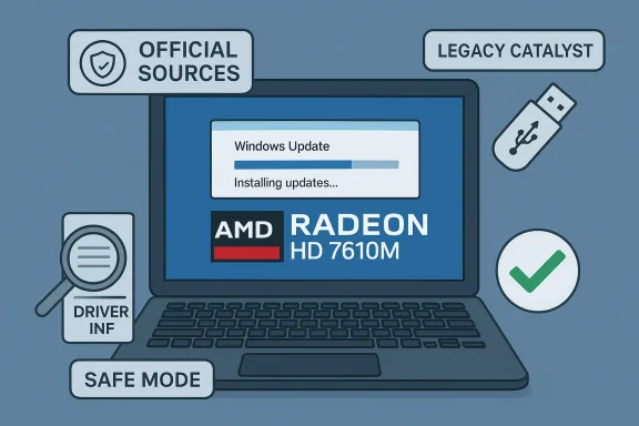 Laptop shows Windows Update installing updates for AMD Radeon HD 7610M graphics.