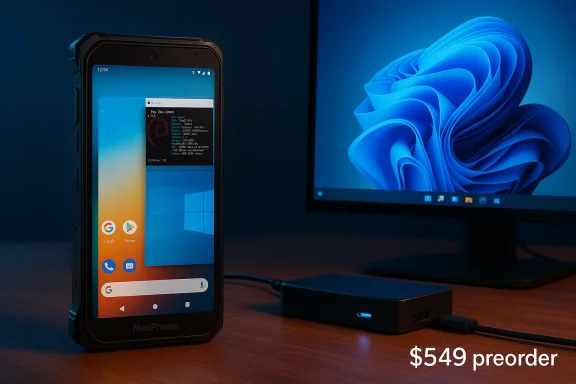 Rugged NexPhone beside a USB-C hub on a desk, with a Windows monitor in the background; $549 preorder.