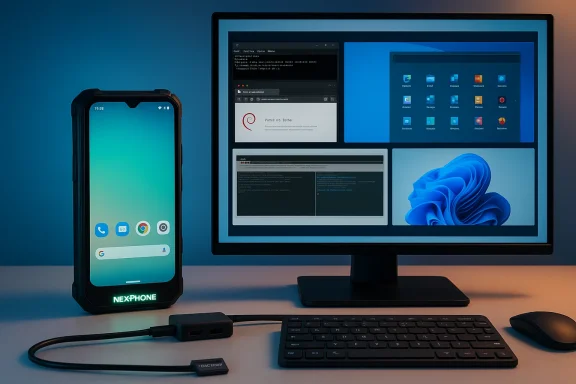 A rugged NexPhone stands beside a multi-window desktop monitor on a blue-lit desk with keyboard and mouse.