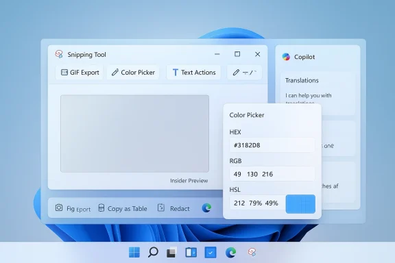 Windows-style desktop with Snipping Tool and Color Picker popover on a blue background.