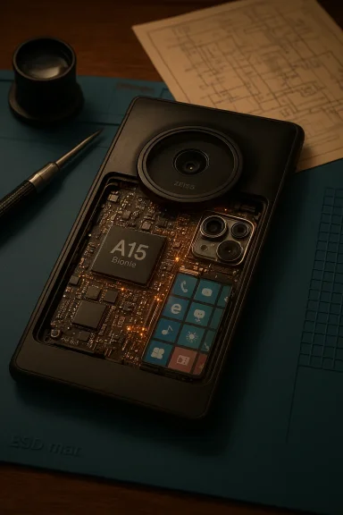 A disassembled smartphone reveals the A15 Bionic chip and Zeiss camera module on a work mat.
