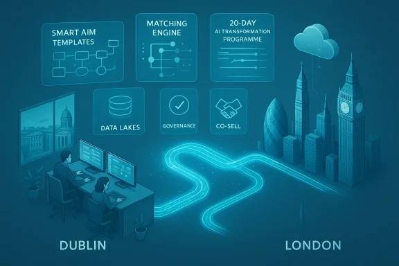 A futuristic data hub bridging Dublin and London with AI, data lakes, and governance.