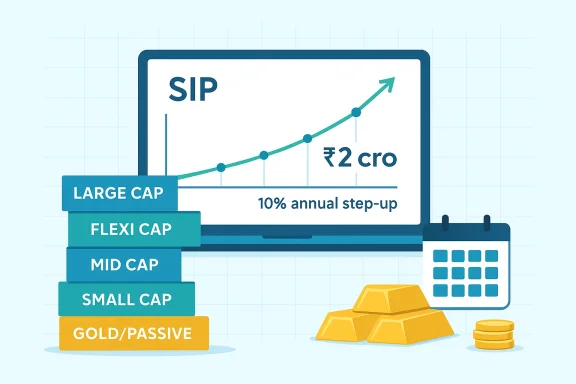SIP growth chart shows a 10% annual step-up to ₹2 crore, with cap categories stacked from large to gold/passive.