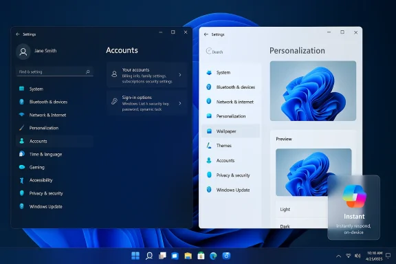 Overlapping Windows 11 Settings: dark Accounts on the left and light Personalization on the right. Overlapping Windows 11 Settings: dark Accounts on the left and light Personalization on the right.