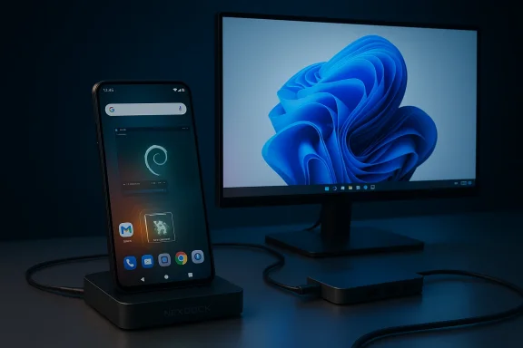 Smartphone docked on a NexDock, connected to an external monitor.