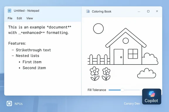 Split-screen desktop: Notepad on the left and a line-art coloring book on the right.