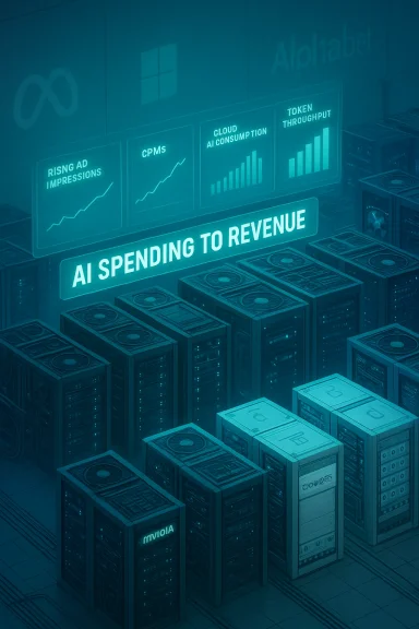 Neon-lit data center with dashboards tracking AI spending-to-revenue and performance metrics. Neon-lit data center with dashboards tracking AI spending-to-revenue and performance metrics.