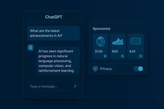 Dark-blue UI: ChatGPT chat on left and a Sponsored panel with a privacy toggle.