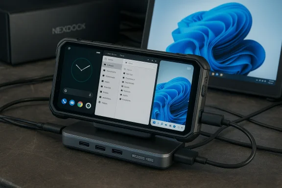 A rugged phone docked to a multi-port hub, with an external monitor showing blue wallpaper.