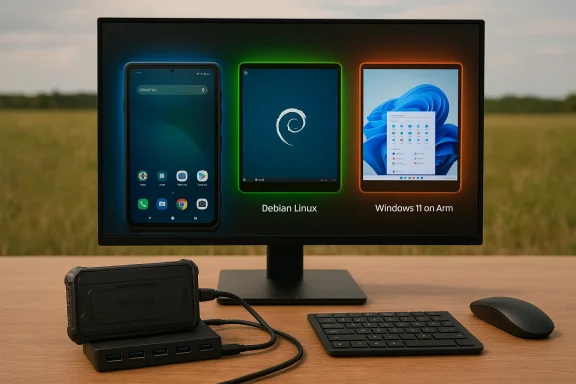 Outdoor desk setup featuring a monitor showing Android, Debian Linux, and Windows 11 on ARM.