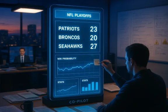 Man updates a neon NFL Playoffs board showing Patriots 23, Broncos 20, Seahawks 27 with a sticky note.