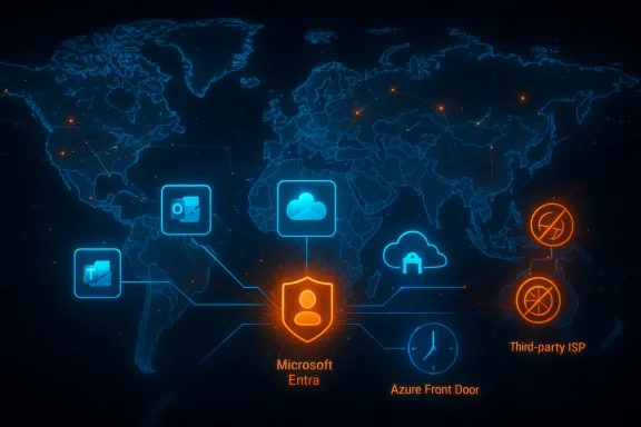 Neon world map showing Microsoft Entra identity hub linking cloud apps and third-party ISPs.