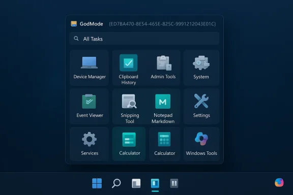 GodMode-style dashboard with tiled admin tools on a dark blue desktop.