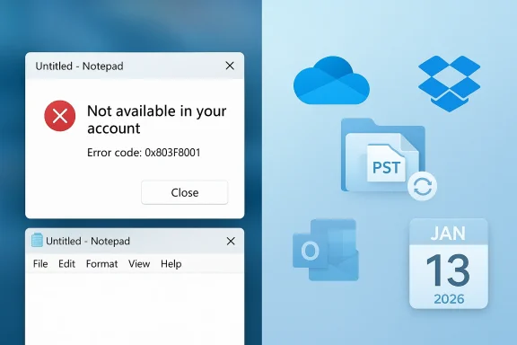 Notepad error dialog on the left, with cloud, PST, and calendar icons on the right.