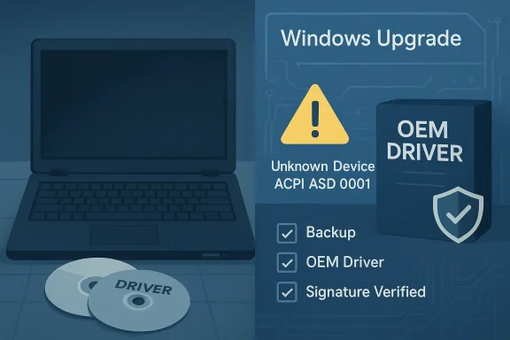 Blue tech illustration of a laptop with a Windows upgrade alert and OEM driver box.