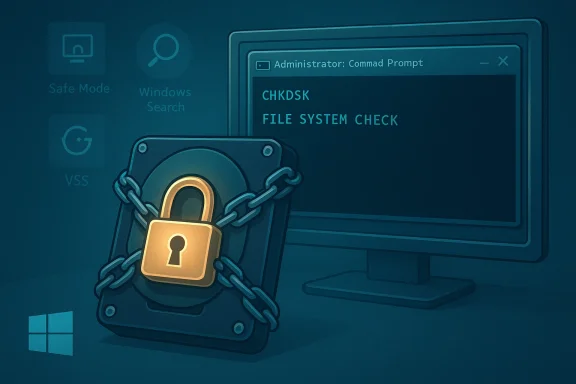 Locked hard drive chained in front of a Windows monitor displaying CHKDSK file system check.