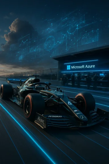 A Formula 1 car on a neon blue track beneath holographic circuitry and a Microsoft Azure sign.