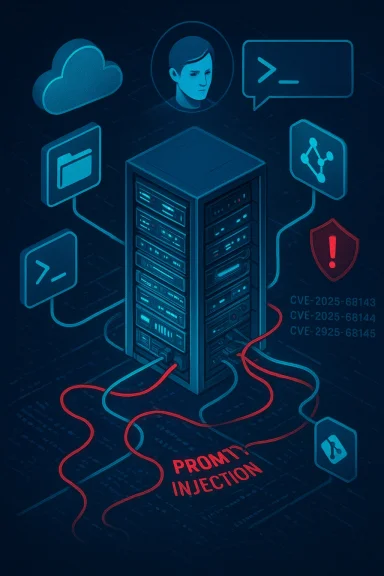 A server rack connected to cloud and UI icons, illustrating a prompt injection cyber attack.