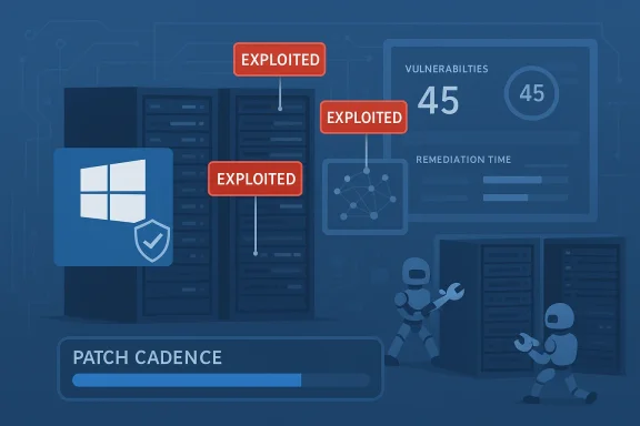 Exploited servers in a data center are shown with a patch cadence dashboard.