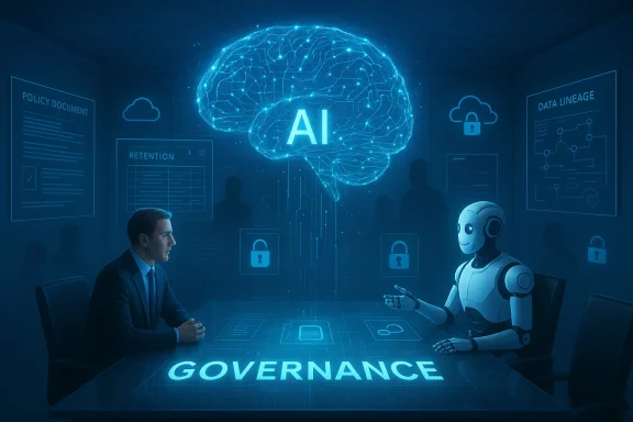 Human and robot discuss AI governance at a table under a glowing brain hologram.