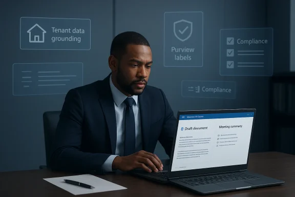 A man in a suit works on a laptop with floating data and compliance icons around him.