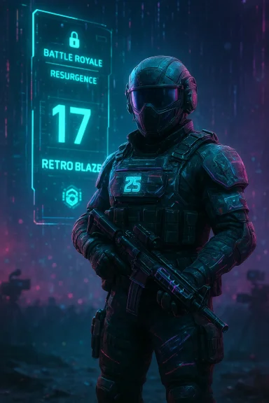 Futuristic armored soldier with rifle beside a neon hologram reading Battle Royale: Resurgence.