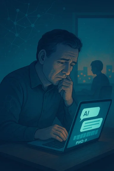 A thoughtful man works on a laptop displaying AI, with a distant silhouette in a blue-lit room.