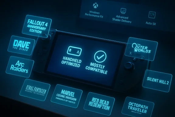 A handheld gaming device surrounded by glowing blue tiles listing popular game titles.