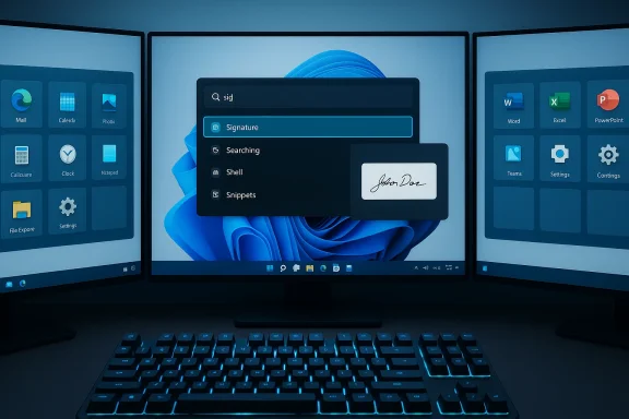 Triple-monitor setup with a blue-lit keyboard and a center screen showing a search menu.