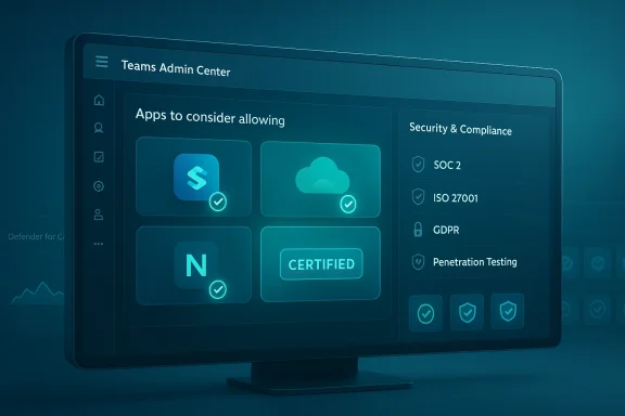 Teams Admin Center dashboard with apps to allow and security/compliance panel.