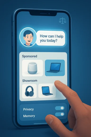 A smartphone screen shows a help chat UI with product suggestions and a tapping finger. A smartphone screen shows a help chat UI with product suggestions and a tapping finger.