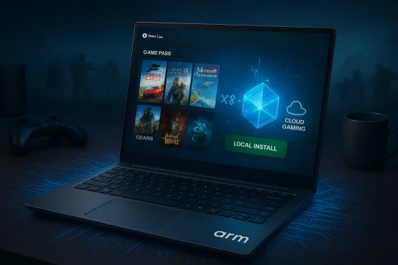 A laptop displays Game Pass UI with cloud gaming and a local install button in a blue-lit desk setup.
