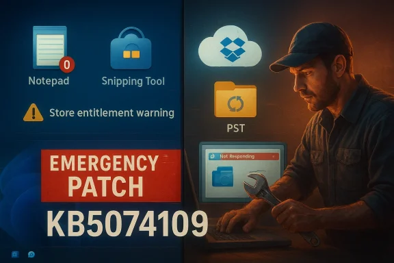 A technician patches a PC while an EMERGENCY PATCH KB5074109 banner glows.