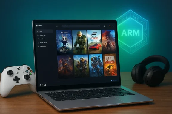 Laptop displays a game library with ARM branding in the background, beside a controller and headphones.