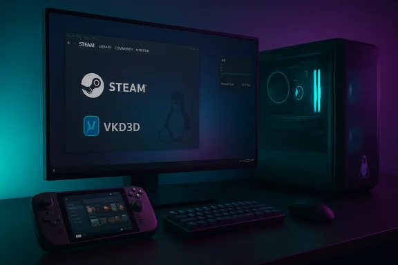 Neon-lit gaming setup: Steam on monitor, handheld console, keyboard, mouse, and glowing PC tower.