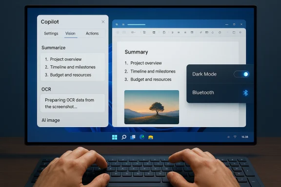 Hands on a keyboard as a laptop screen shows Copilot panel and a document with a Dark Mode/Bluetooth overlay.