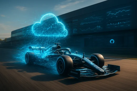 A Formula 1 race car speeds along the track with a neon blue cloud hologram behind it.