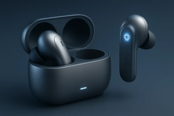 Sleek wireless earbuds with a compact charging case and blue LED indicators.