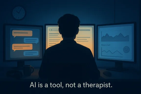 A person faces three monitors of chats and graphs; caption reads: AI is a tool, not a therapist. A person faces three monitors of chats and graphs; caption reads: AI is a tool, not a therapist.