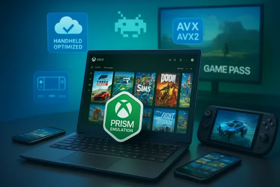 Laptop displays Prism Emulation UI with Xbox games, surrounded by handheld and mobile devices.