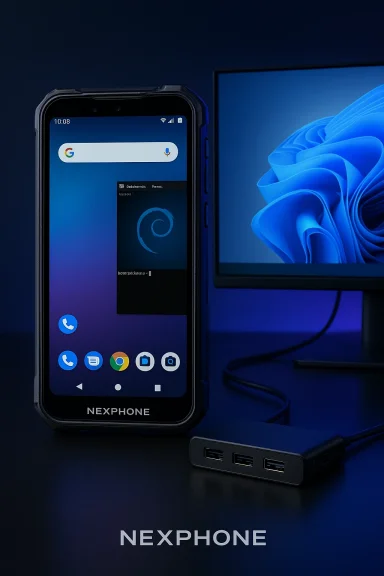NEXPHONE rugged Android phone with USB hub beside a monitor.