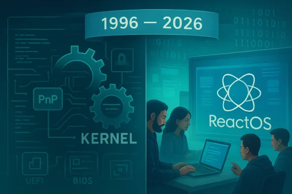 A team of developers works at a ReactOS workstation with kernel gears and a 1996–2026 timeline.