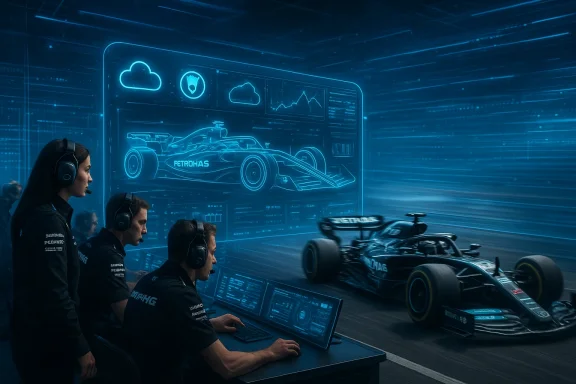 Futuristic pit crew studies a holographic blueprint of a race car with telemetry.