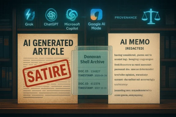 Library display mocks AI content with a large SATIRE stamp on an AI-generated article.