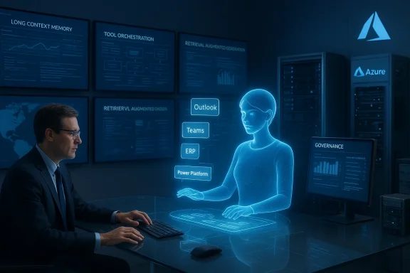 A businessman at a desk interacts with a blue holographic AI assistant showing Outlook, Teams, ERP and Power Platform.